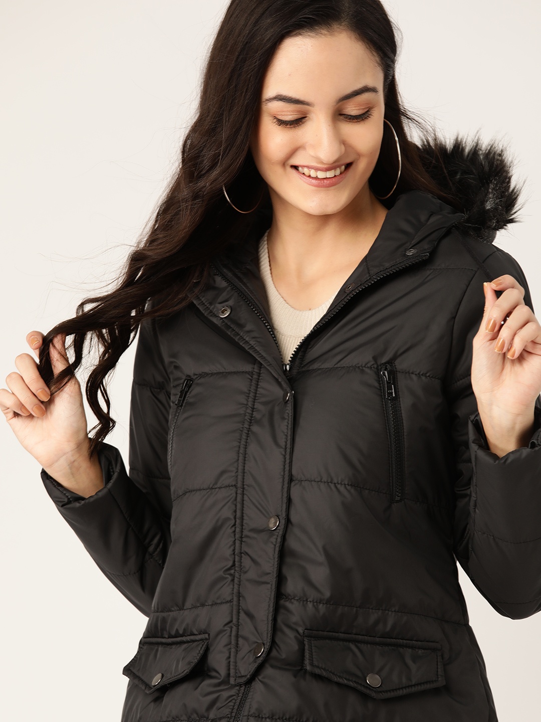 

DressBerry Women Black Solid Hooded Parka Jacket