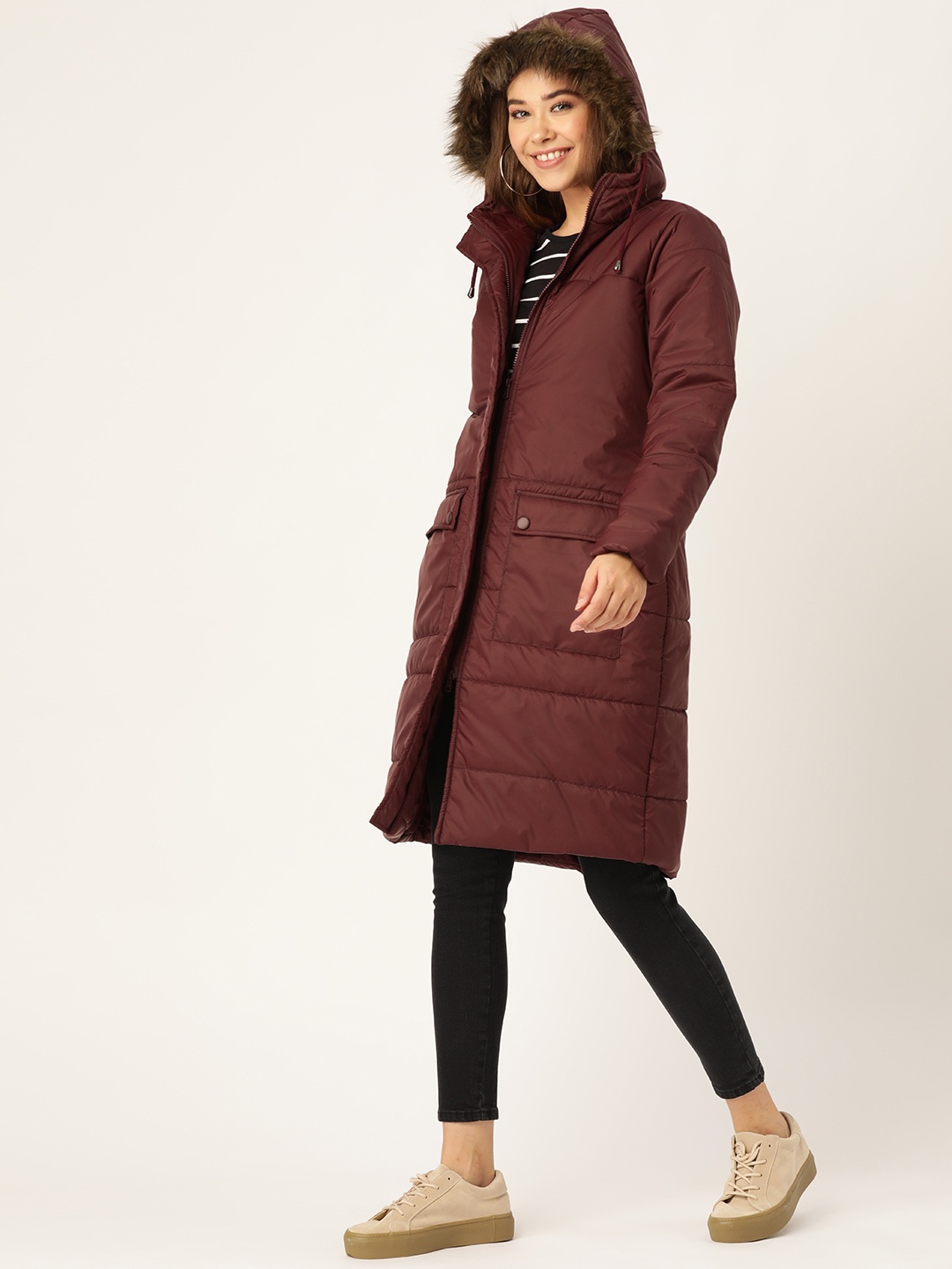 

DressBerry Women Burgundy Solid Longline Hooded Parka Jacket