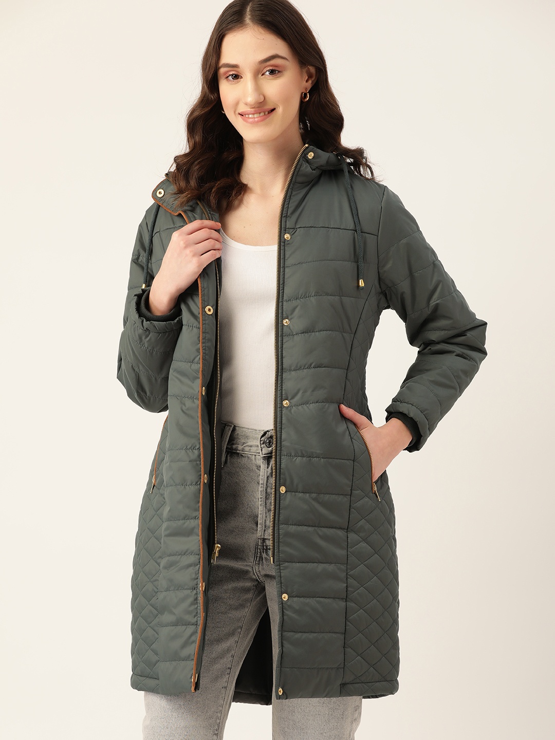 

DressBerry Women Olive Green Quilted Longline Hooded Parka Jacket