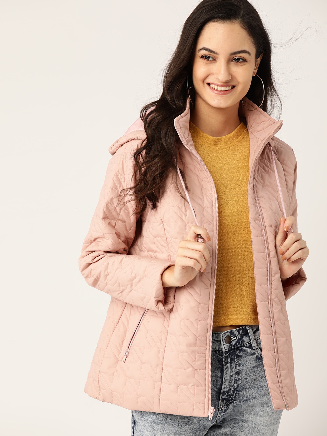 

DressBerry Women Pink Solid Padded Jacket with Detachable Hood