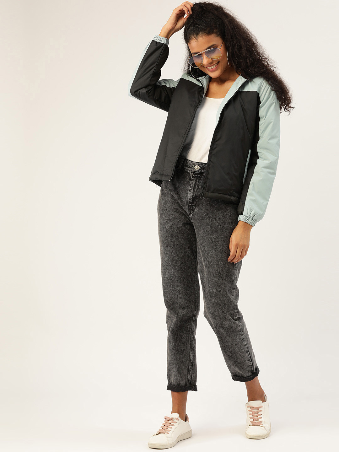 

DressBerry Women Black & Blue Colourblocked Hooded Padded Jacket