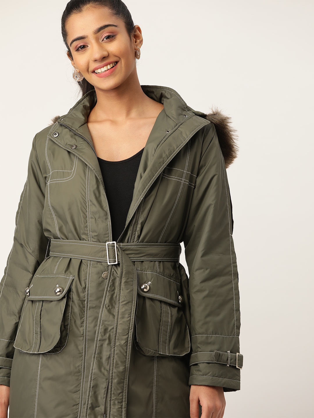 

DressBerry Women Olive Green Solid Parka with Detachable Hood