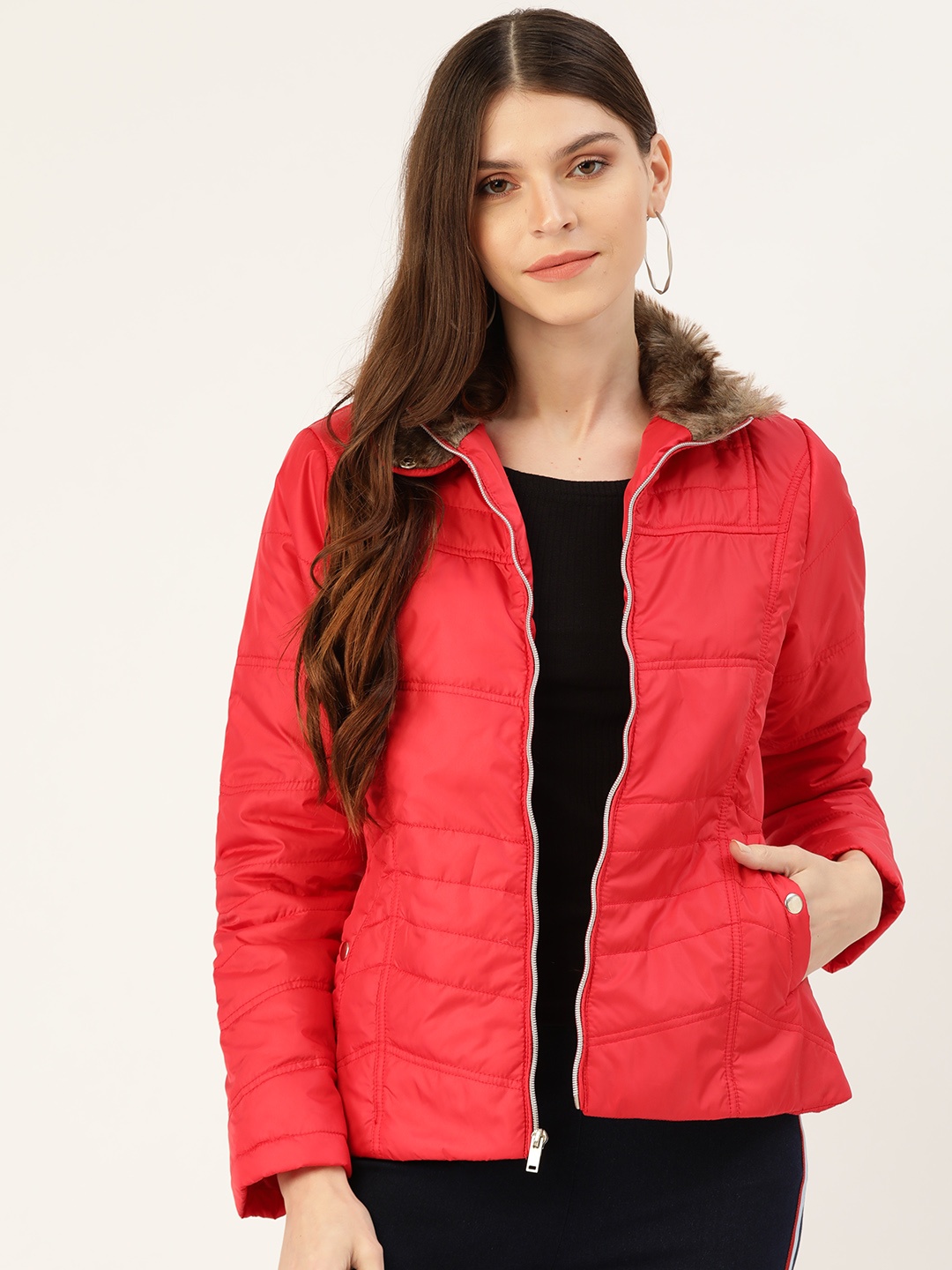 

DressBerry Women Red Solid Padded Jacket with Faux Fur Detail