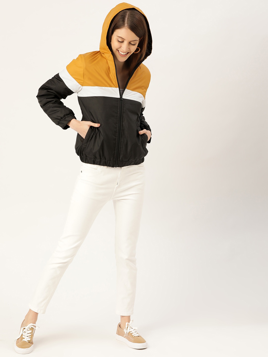 

DressBerry Women Black & Mustard Yellow Colourblocked Bomber Jacket