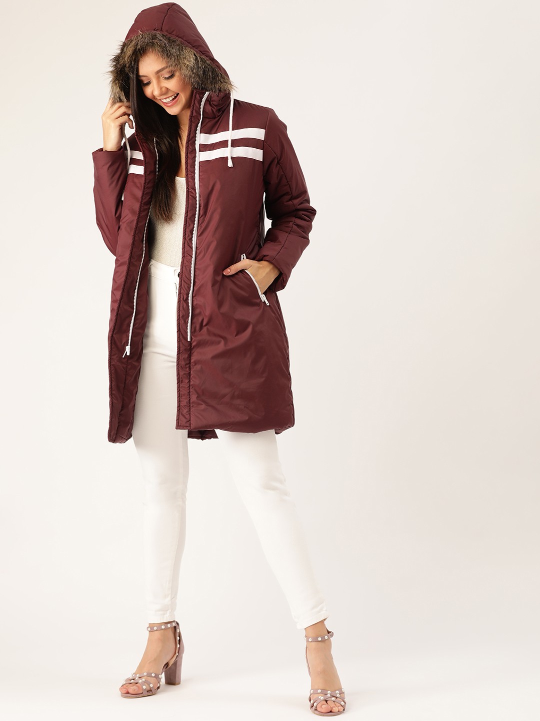 

DressBerry Women Burgundy Longline Solid Parka