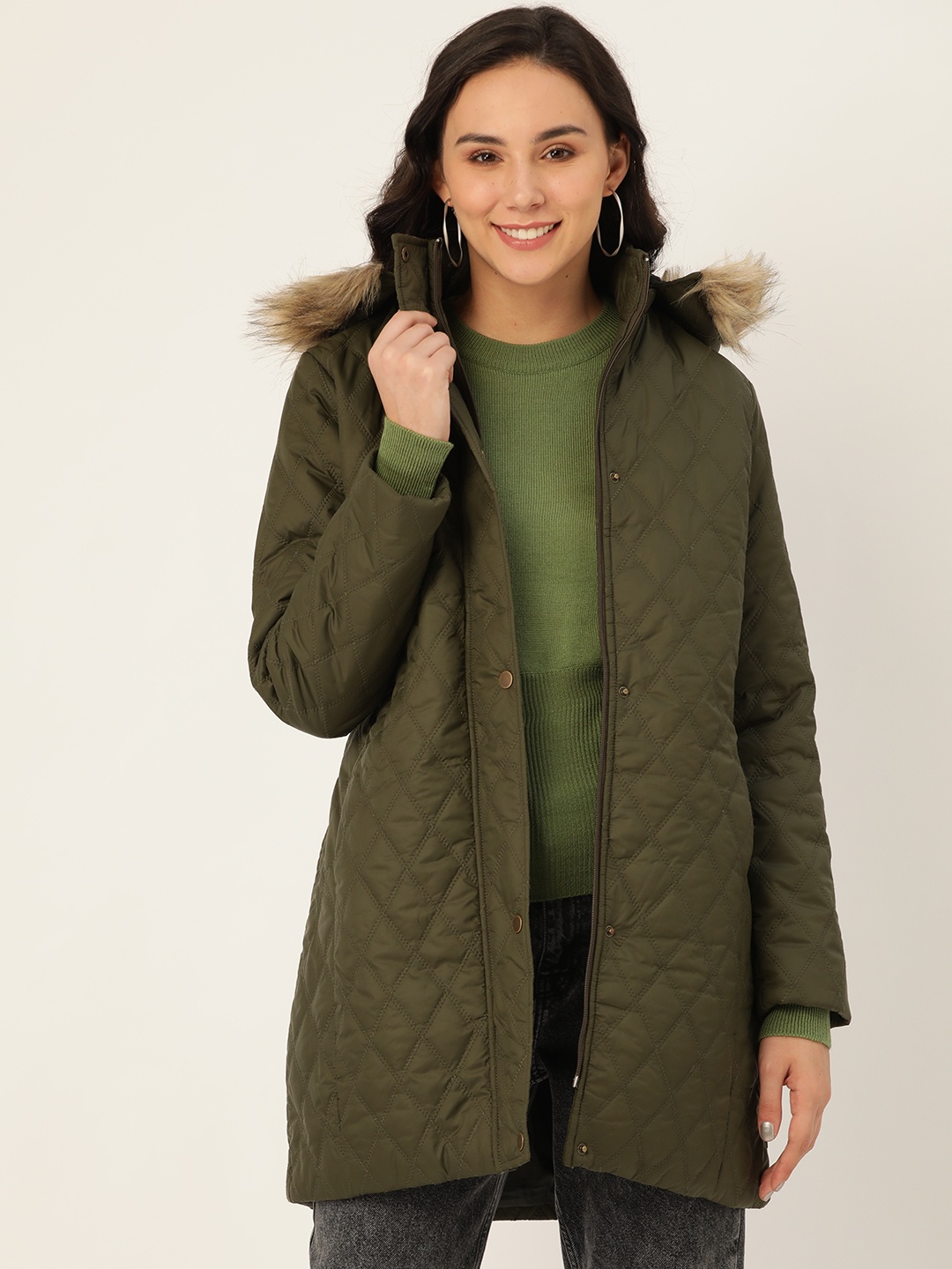 

DressBerry Women Olive Green Quilted Longline Parka Jacket