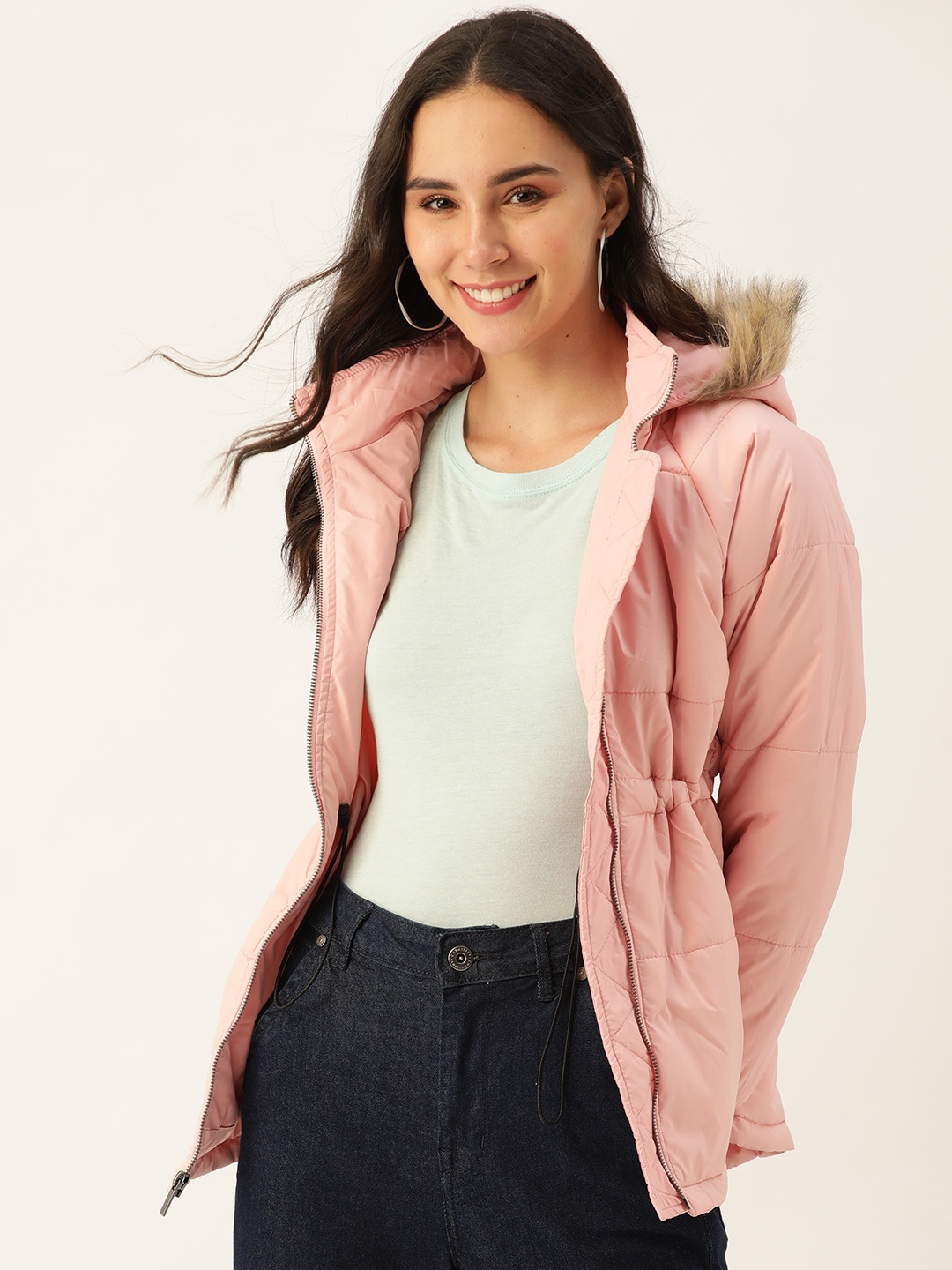 

DressBerry Women Pink Solid Hooded Parka Jacket