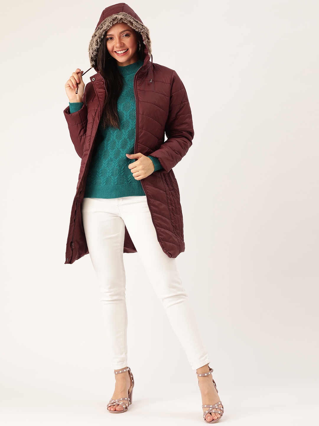 

DressBerry Women Burgundy Solid Longline Hooded Parka Jacket