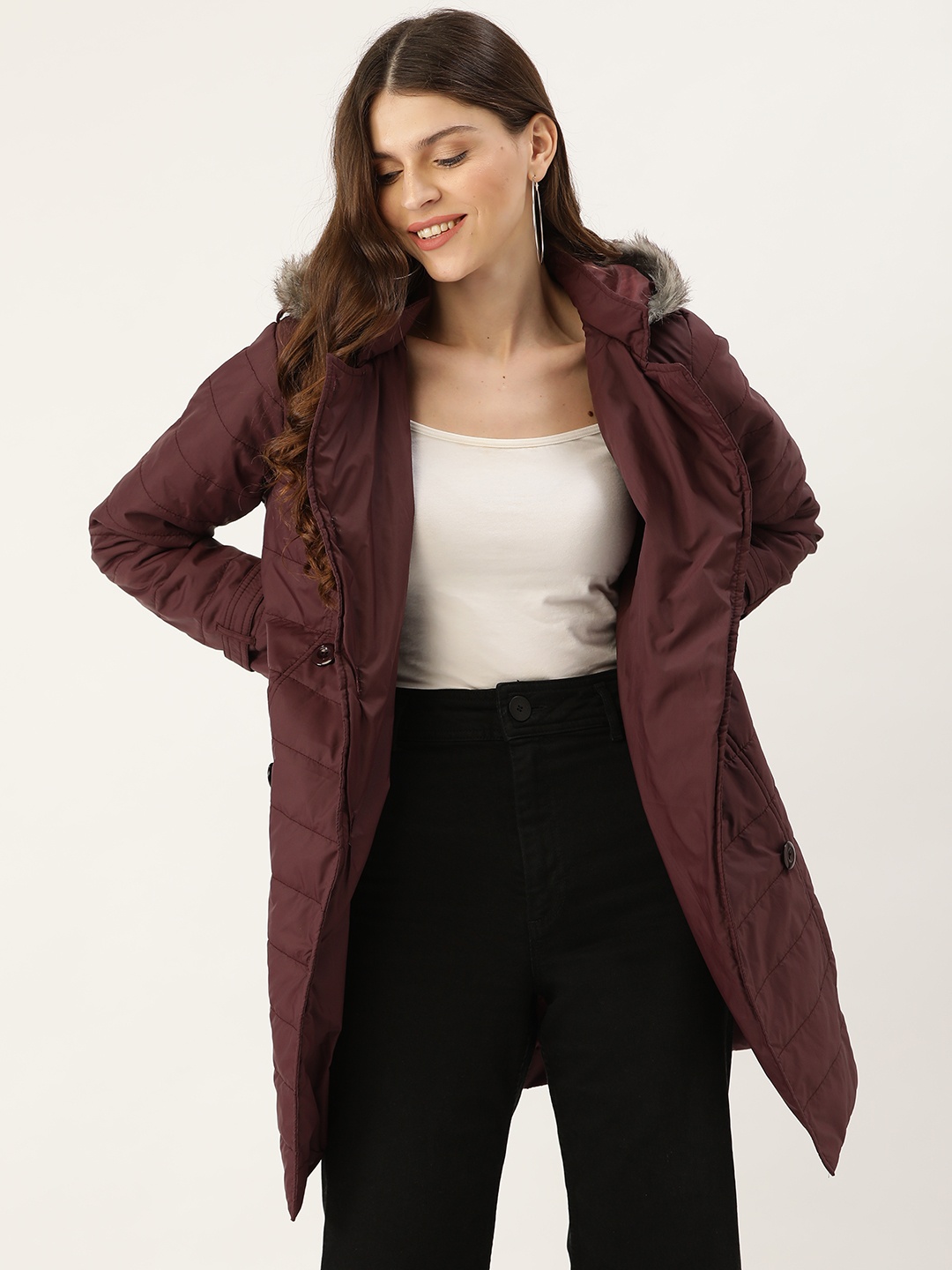 

DressBerry Women Burgundy Solid Longline Hooded Parka Jacket