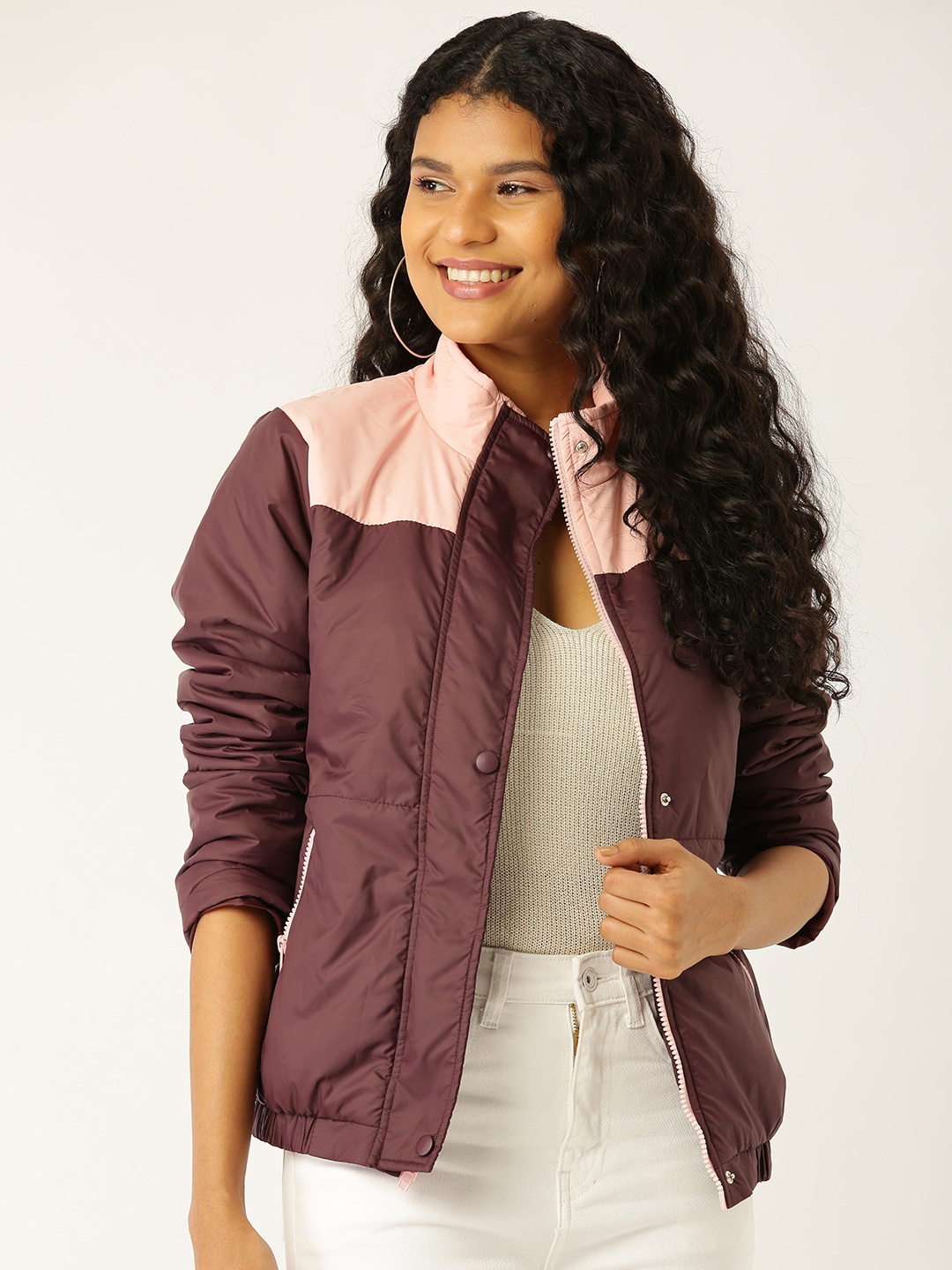 

DressBerry Women Wine-Coloured & Pink Colourblocked Padded Jacket, Burgundy