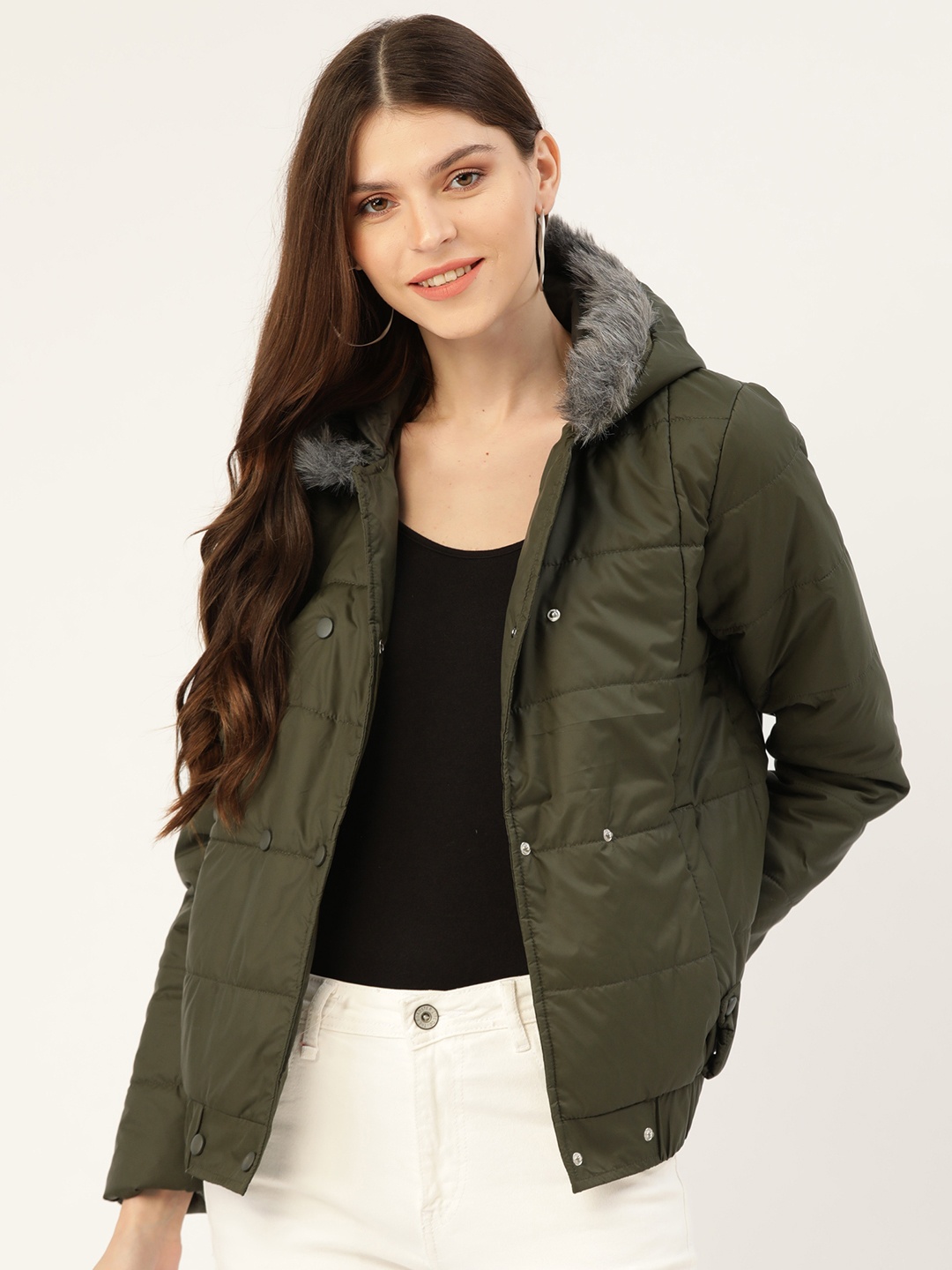 

DressBerry Women Olive Green Solid Hooded Parka Jacket