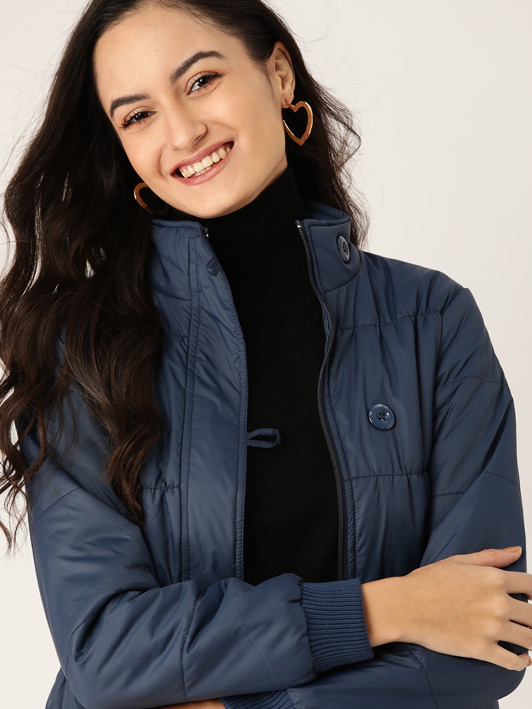 

DressBerry Women Navy Blue Solid Longline Bomber Jacket