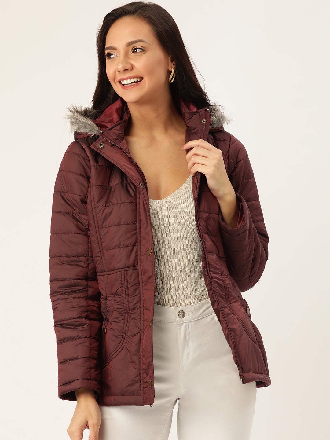 

DressBerry Women Burgundy Solid Hooded Parka Jacket