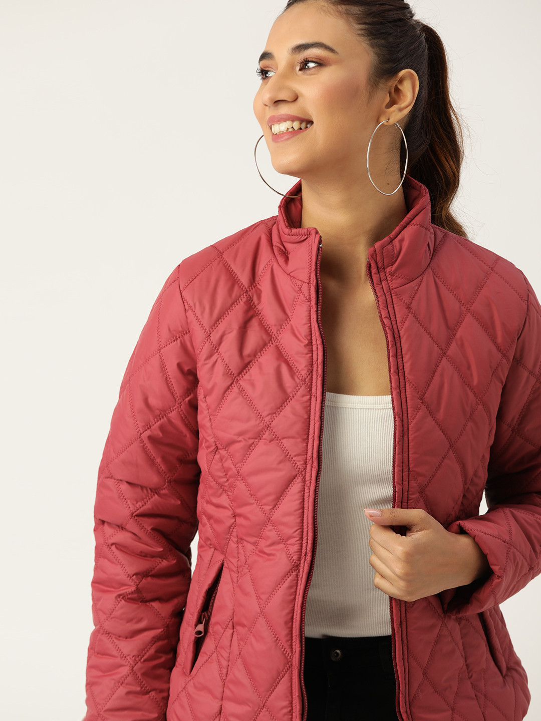 

DressBerry Women Coral Red Solid Quilted Jacket