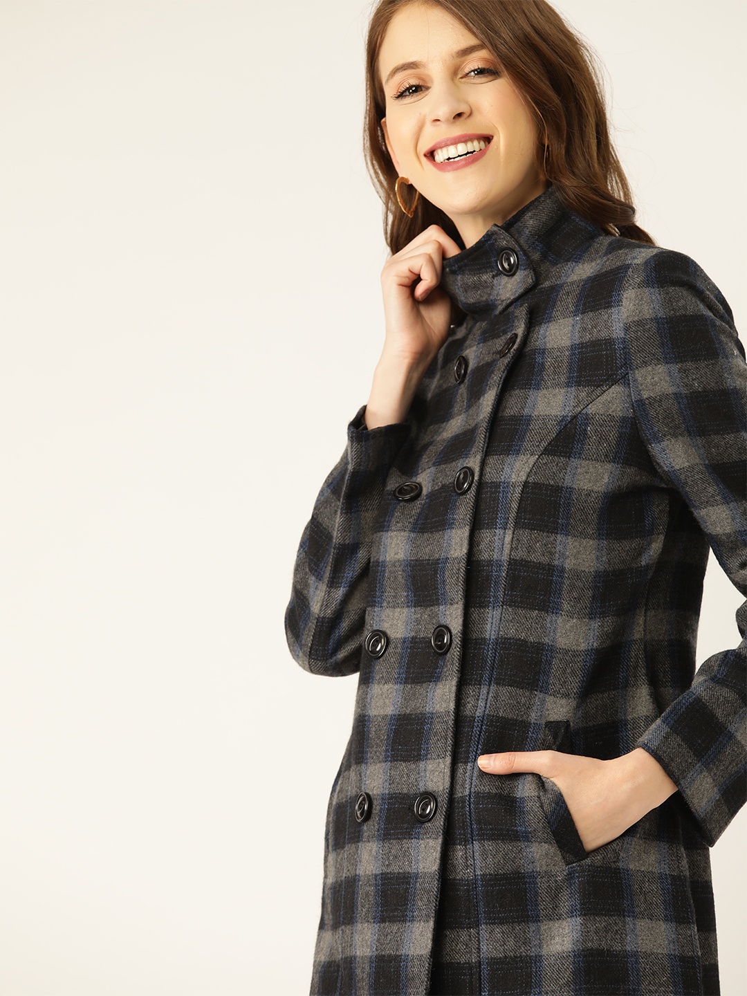 

DressBerry Women Charcoal Grey & Black Checked Hip Length Coat