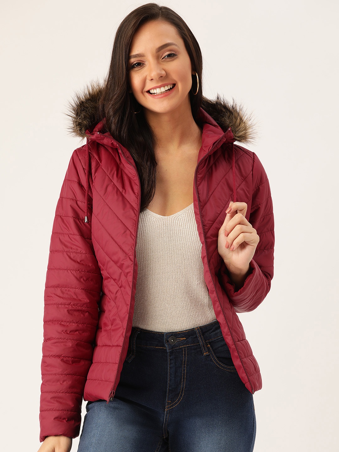 

DressBerry Women Maroon Solid Hooded Parka Jacket