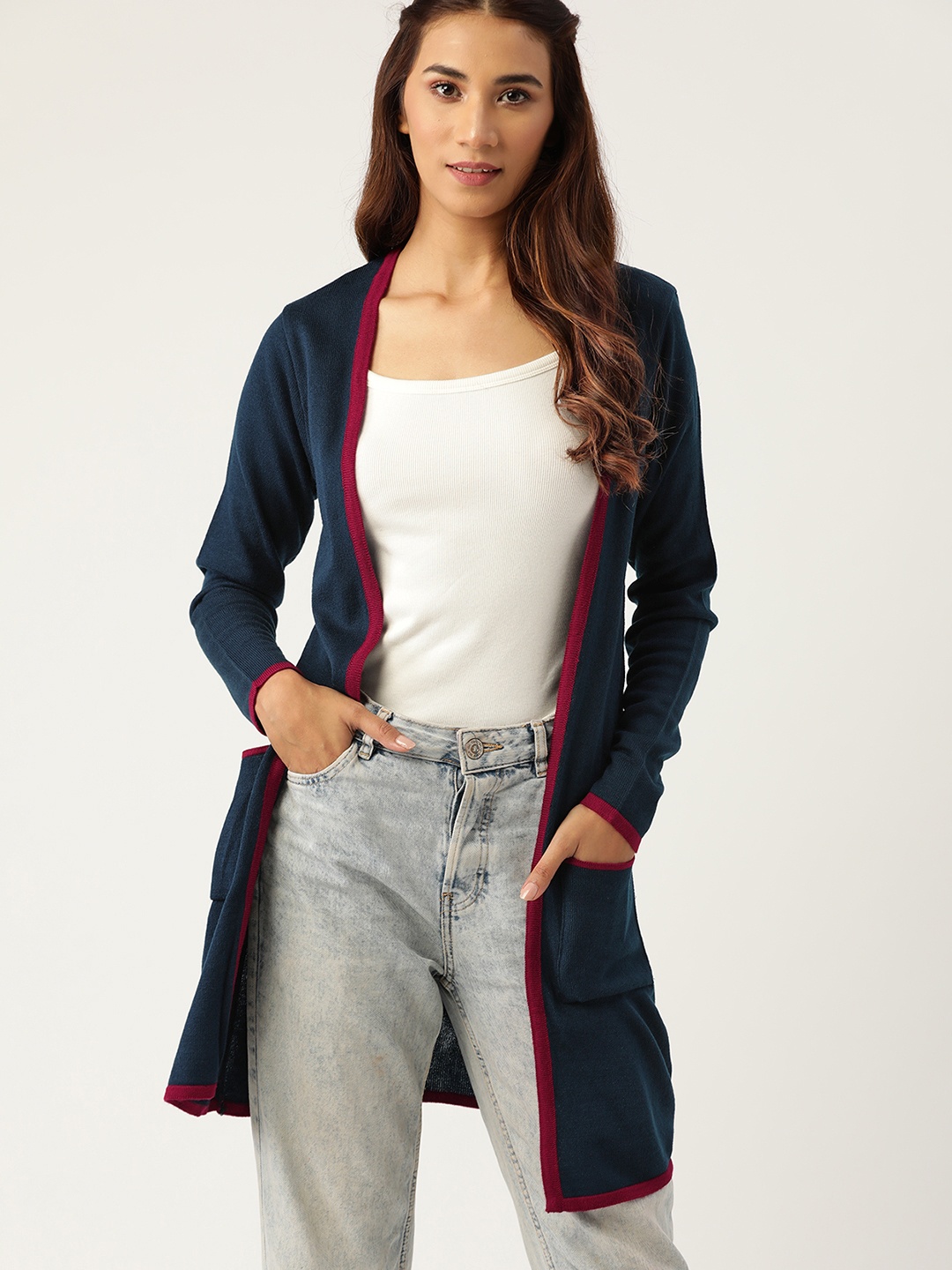

DressBerry Women Navy Blue Solid Longline Open Front Shrug