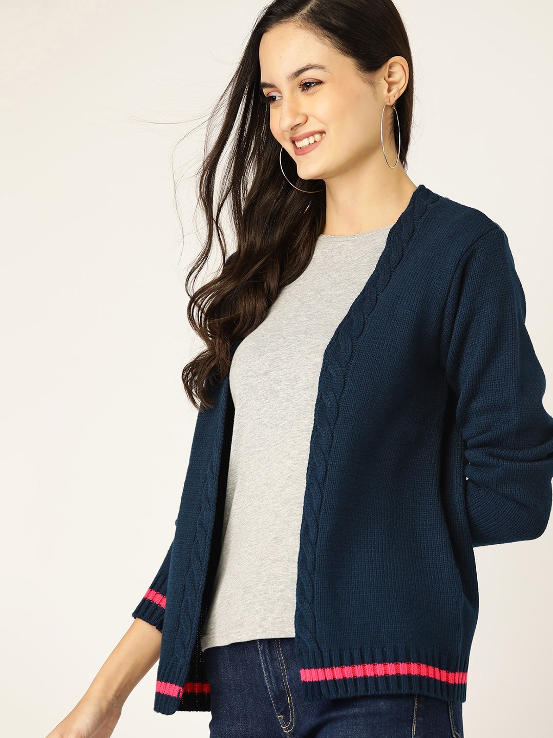 

DressBerry Women Navy Blue Solid Open Front Sweater