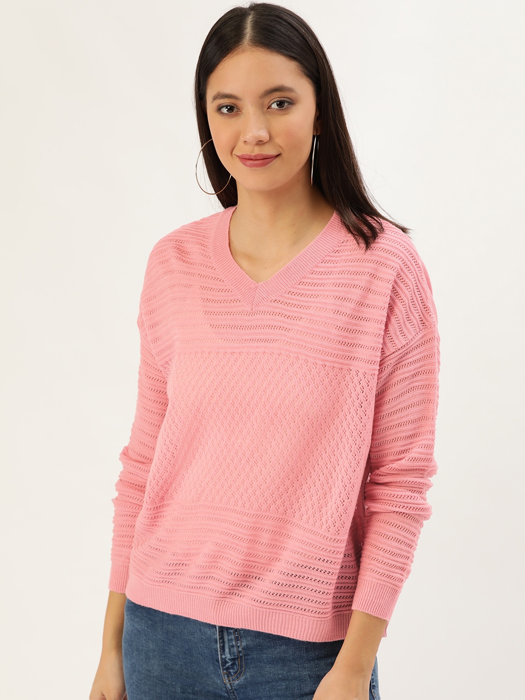 

DressBerry Women Pink Semi Sheer Open Knit Pullover Sweater