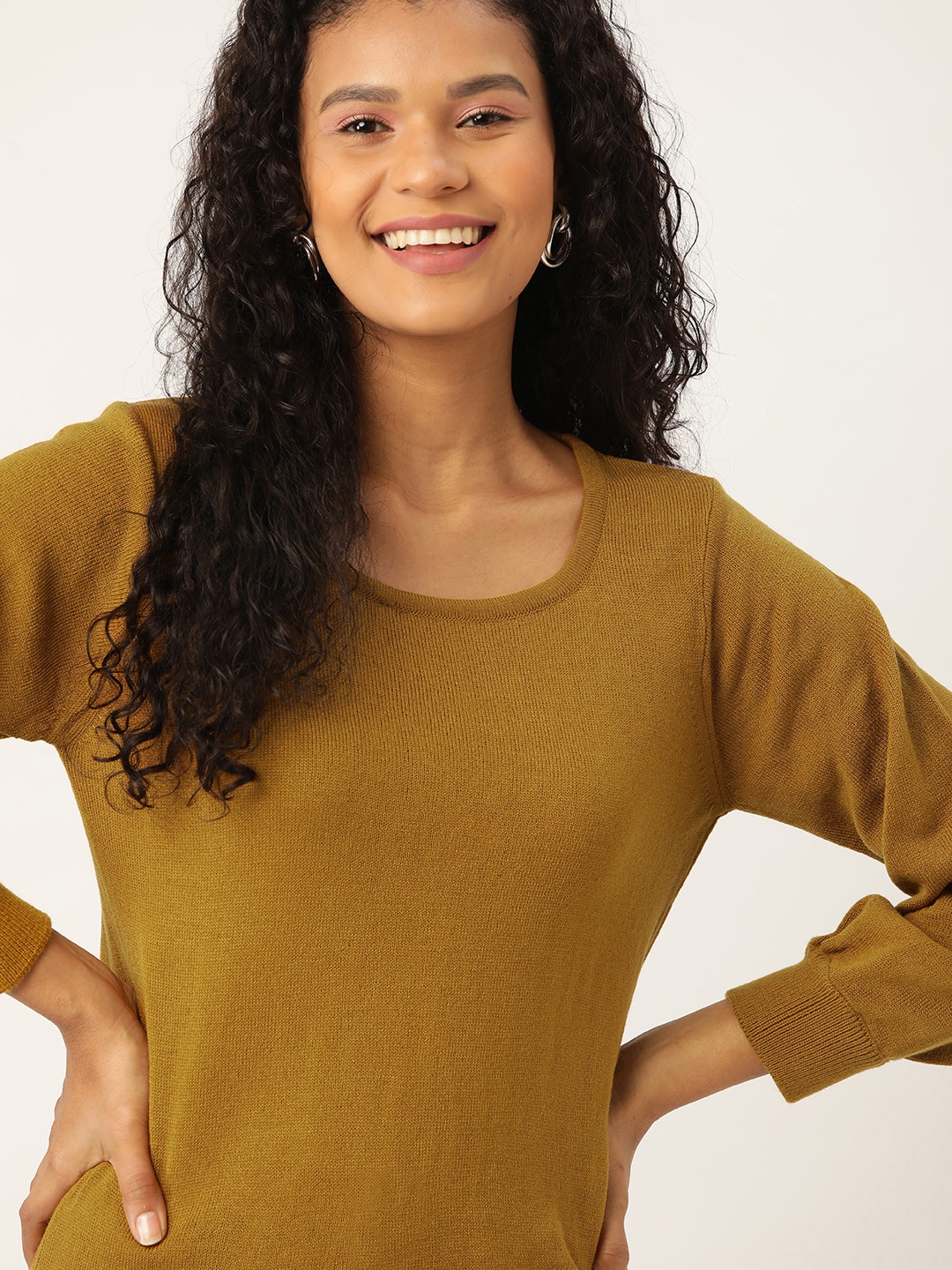 

DressBerry Women Mustard Brown Solid Acrylic Pullover