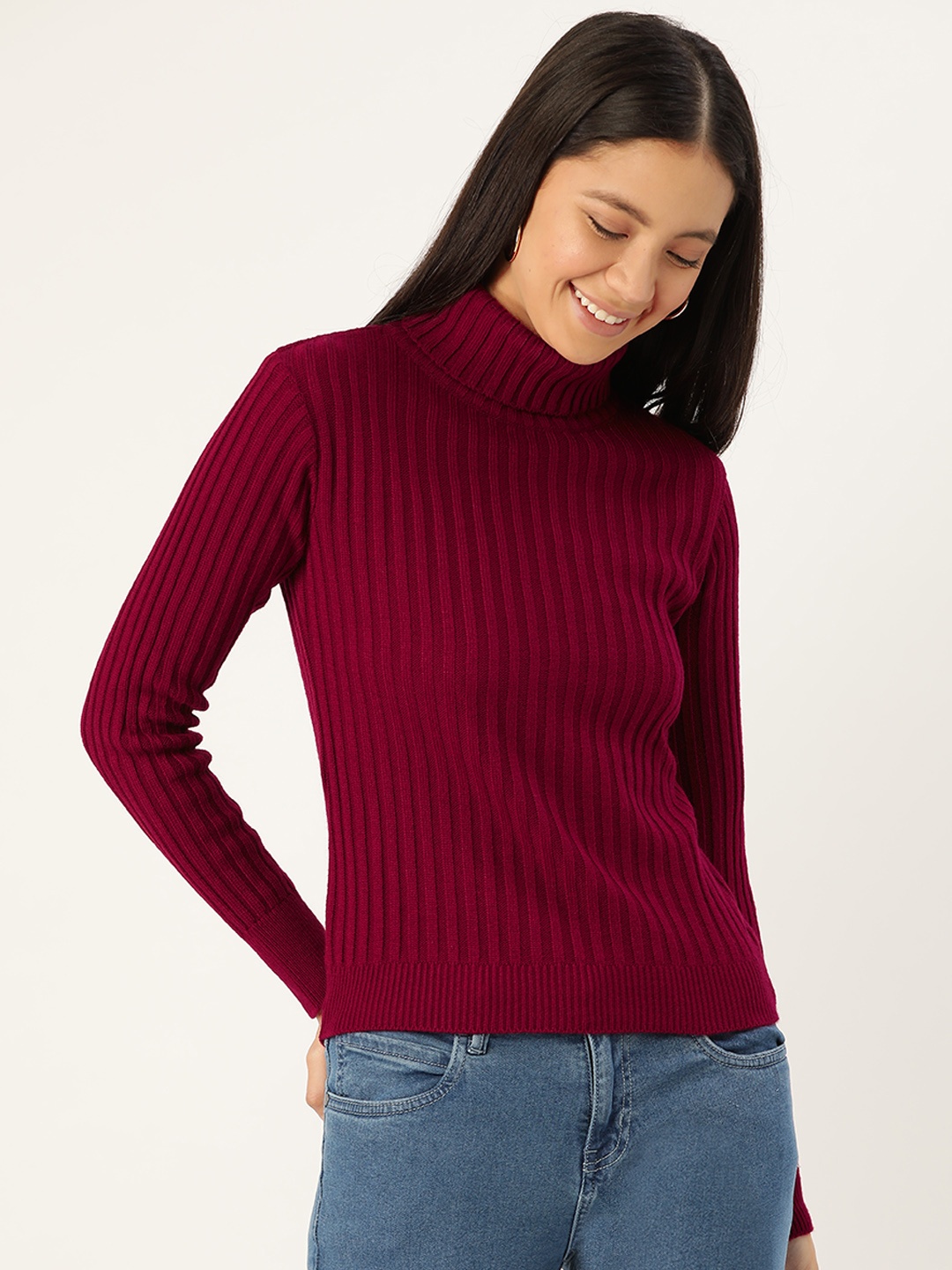 

DressBerry Women Maroon Ribbed Pullover Sweater