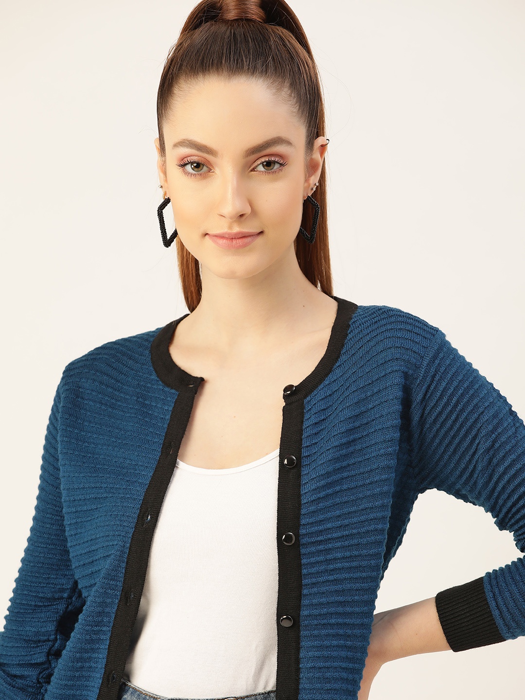 

DressBerry Women Teal Blue Ribbed Cardigan