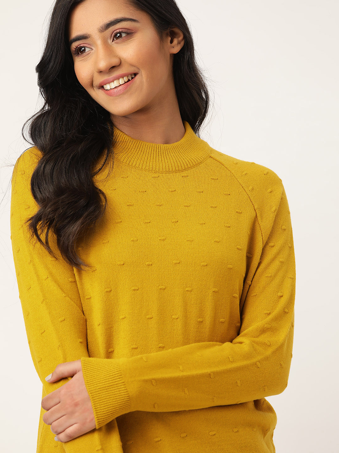

DressBerry Women Mustard Yellow Self Design Pullover Sweater