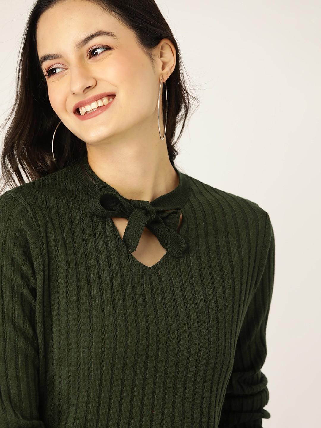 

DressBerry Women Olive Green Self Striped Pullover Sweater