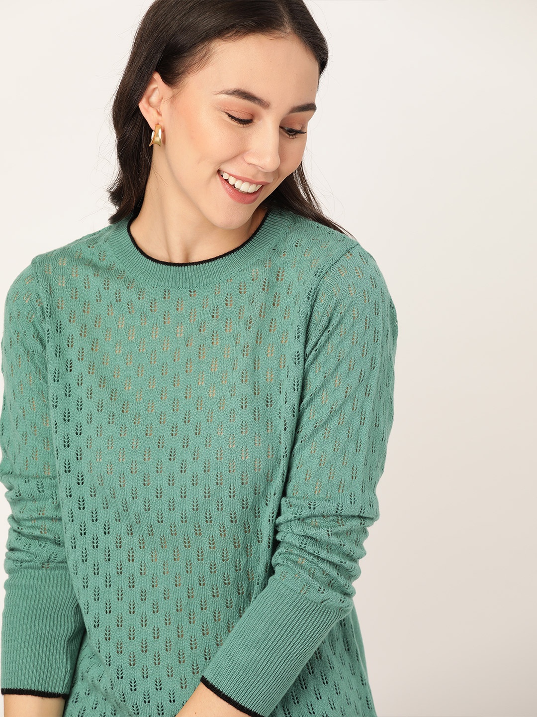

DressBerry Women Green Open Knit Pullover