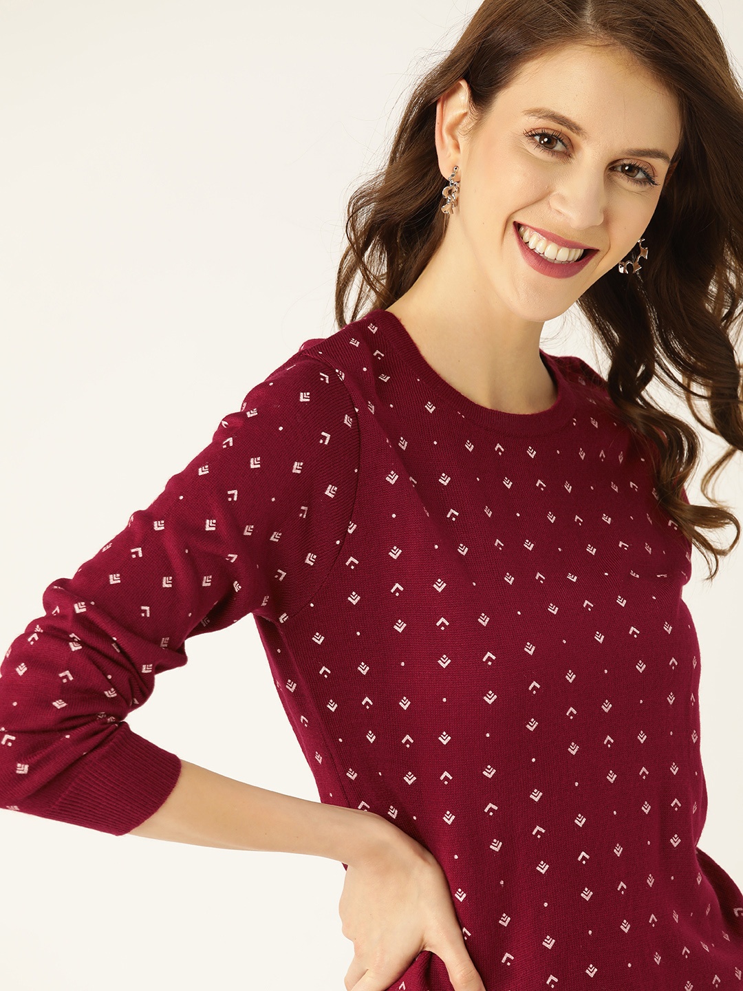 

DressBerry Women Maroon & White Printed Pullover