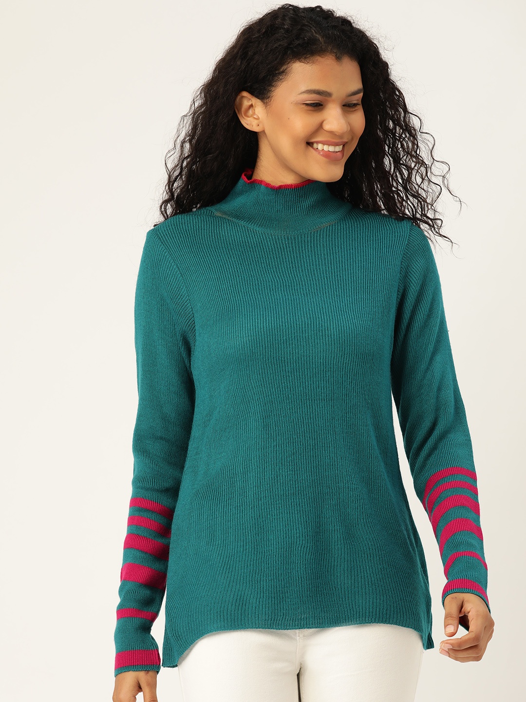 

DressBerry Women Teal Blue Solid Pullover Sweater