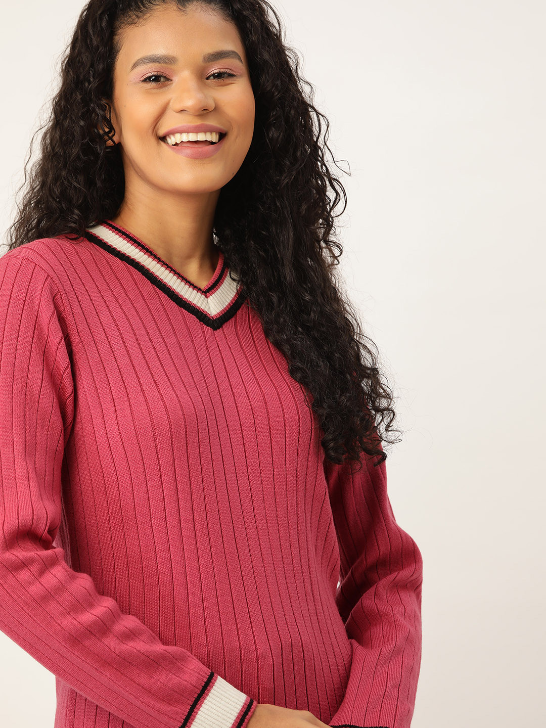 

DressBerry Women Pink Ribbed Pullover Sweater
