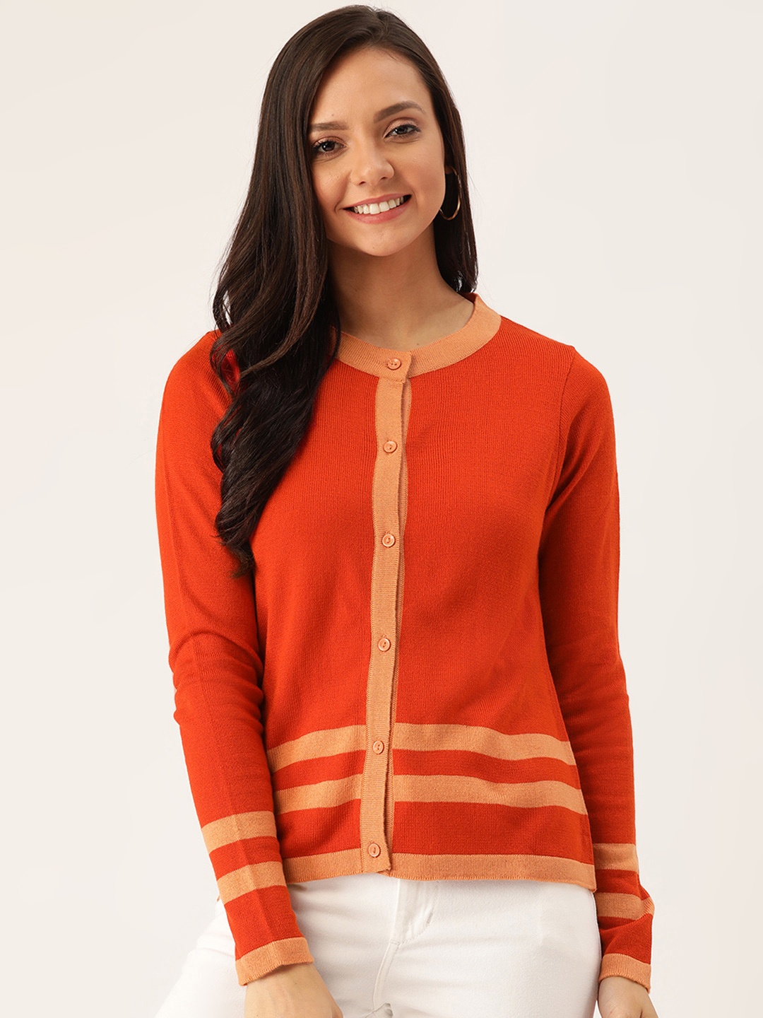 

DressBerry Women Rust Orange Solid Cardigan Sweater