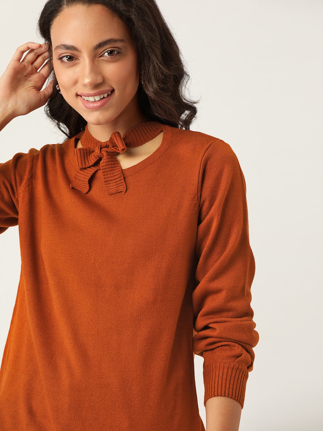 

DressBerry Women Rust Orange Acrylic Solid Stylised Neck Pullover
