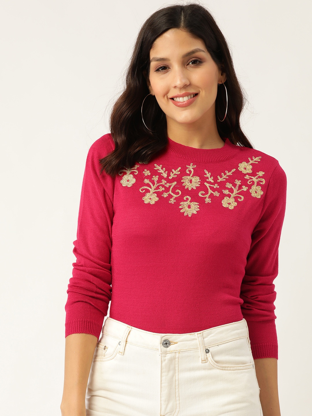 

DressBerry Women Pink & Golden Embroidered Pullover Sweater