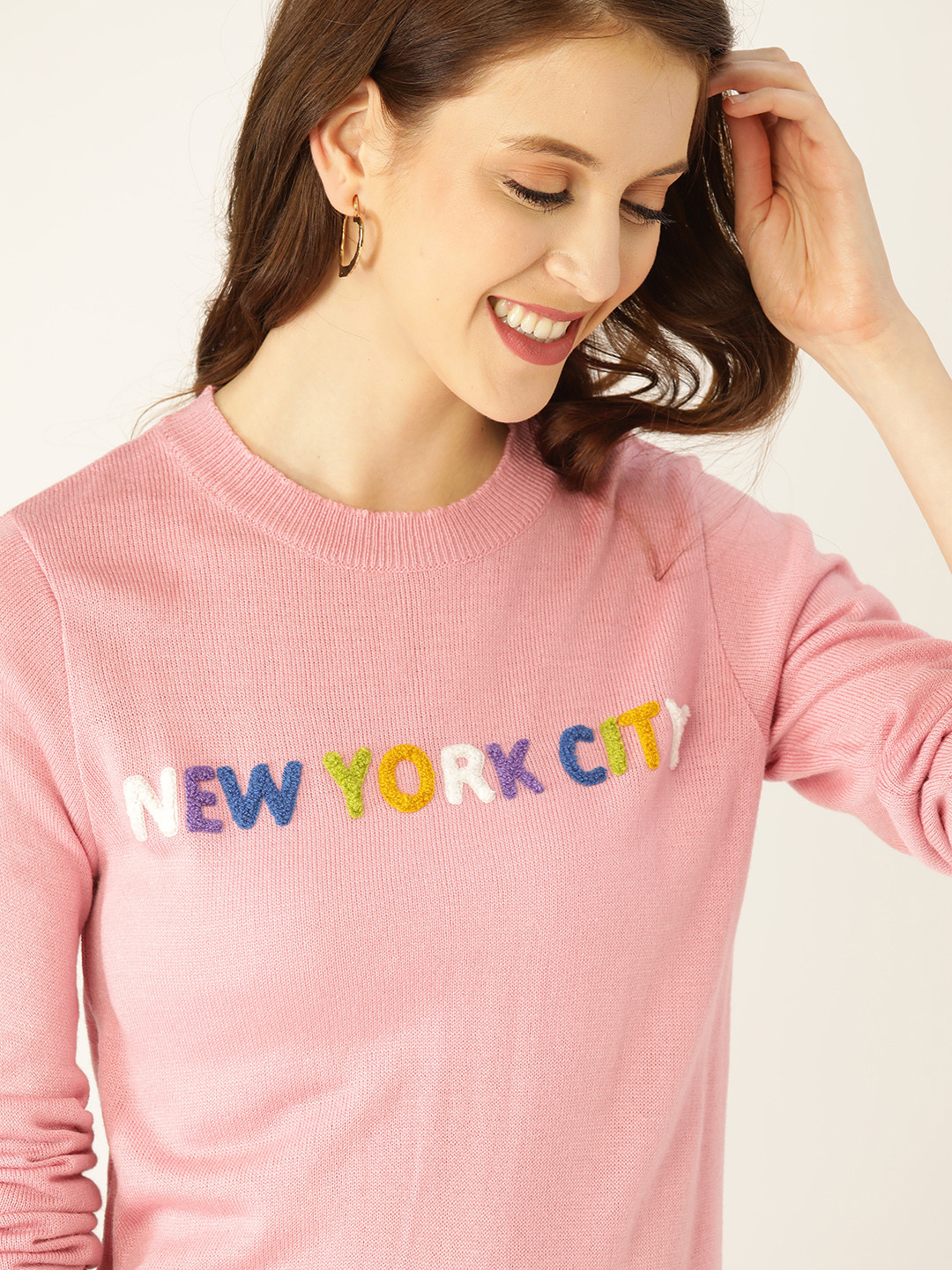 

DressBerry Women Pink Self-Design Detail Pullover
