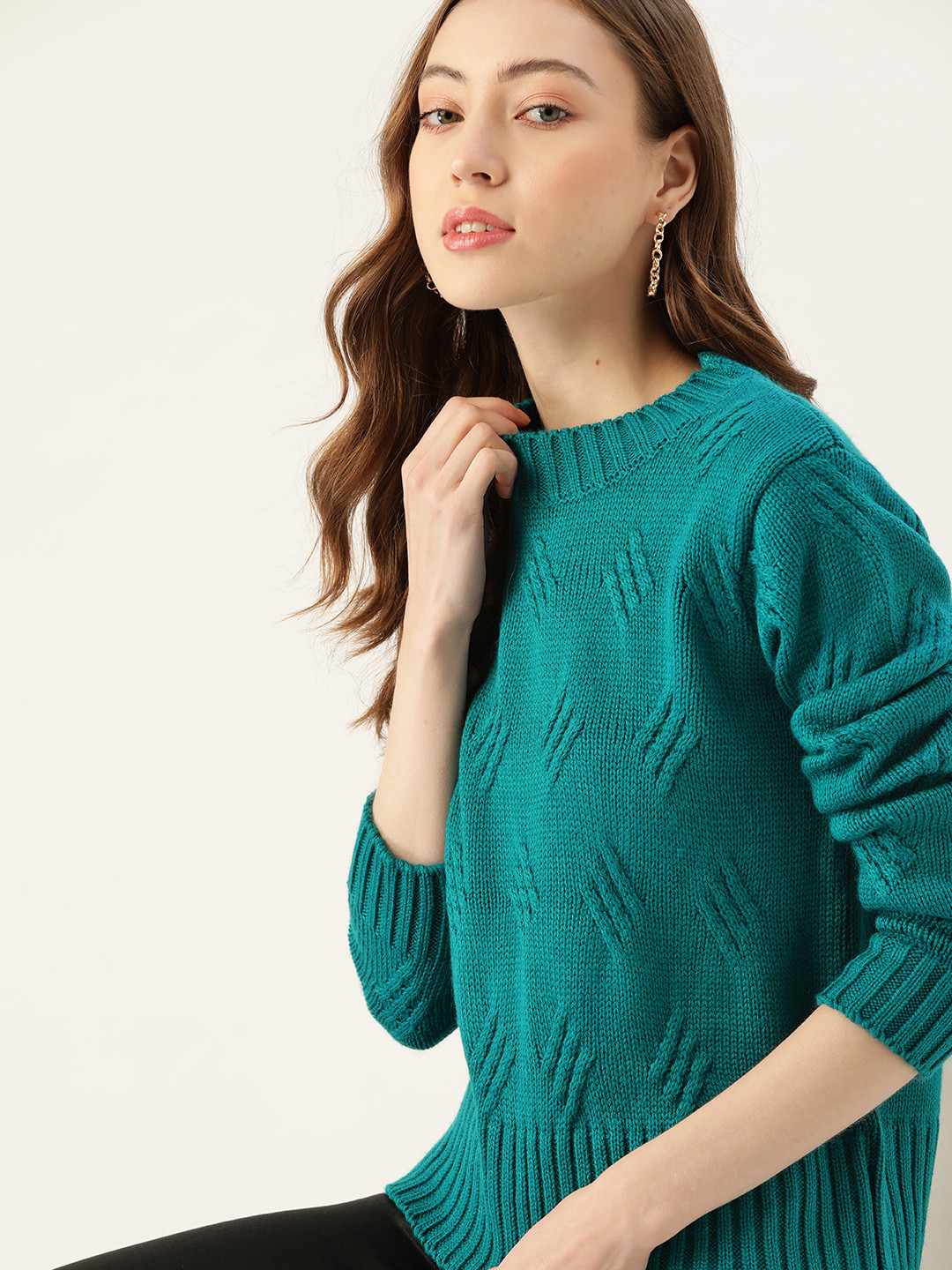 

DressBerry Women Teal Blue Cable Knit Pullover Sweater