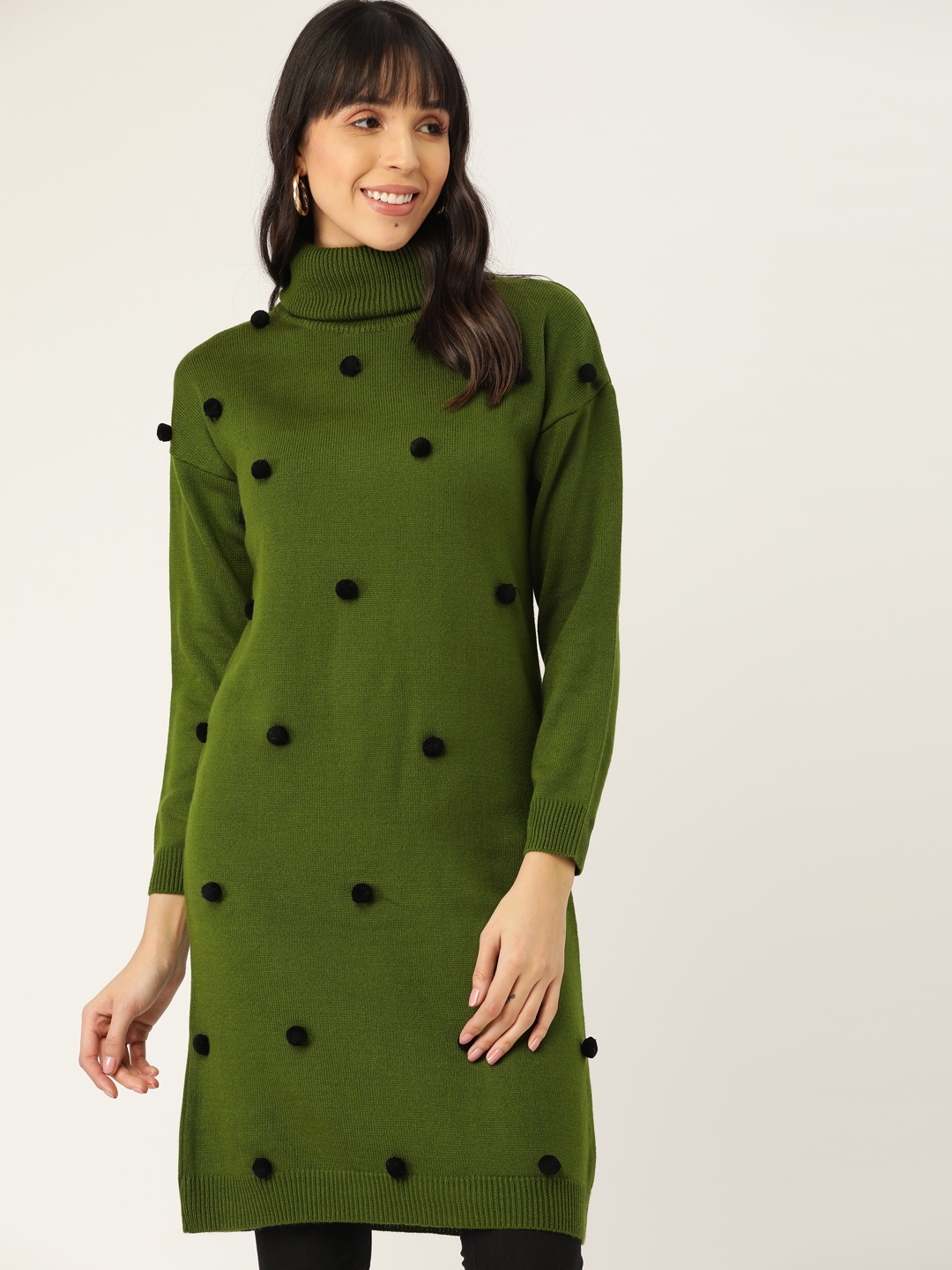 

DressBerry Women Olive Green & Black Pom Pom Longline Pullover Sweater