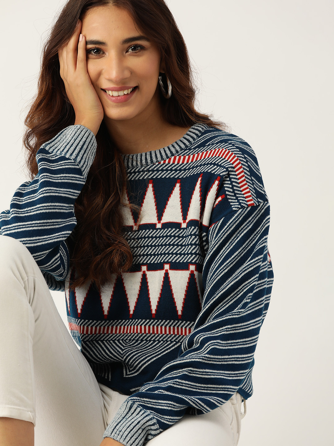 

DressBerry Women Teal Blue & White Self Design Pullover Sweater