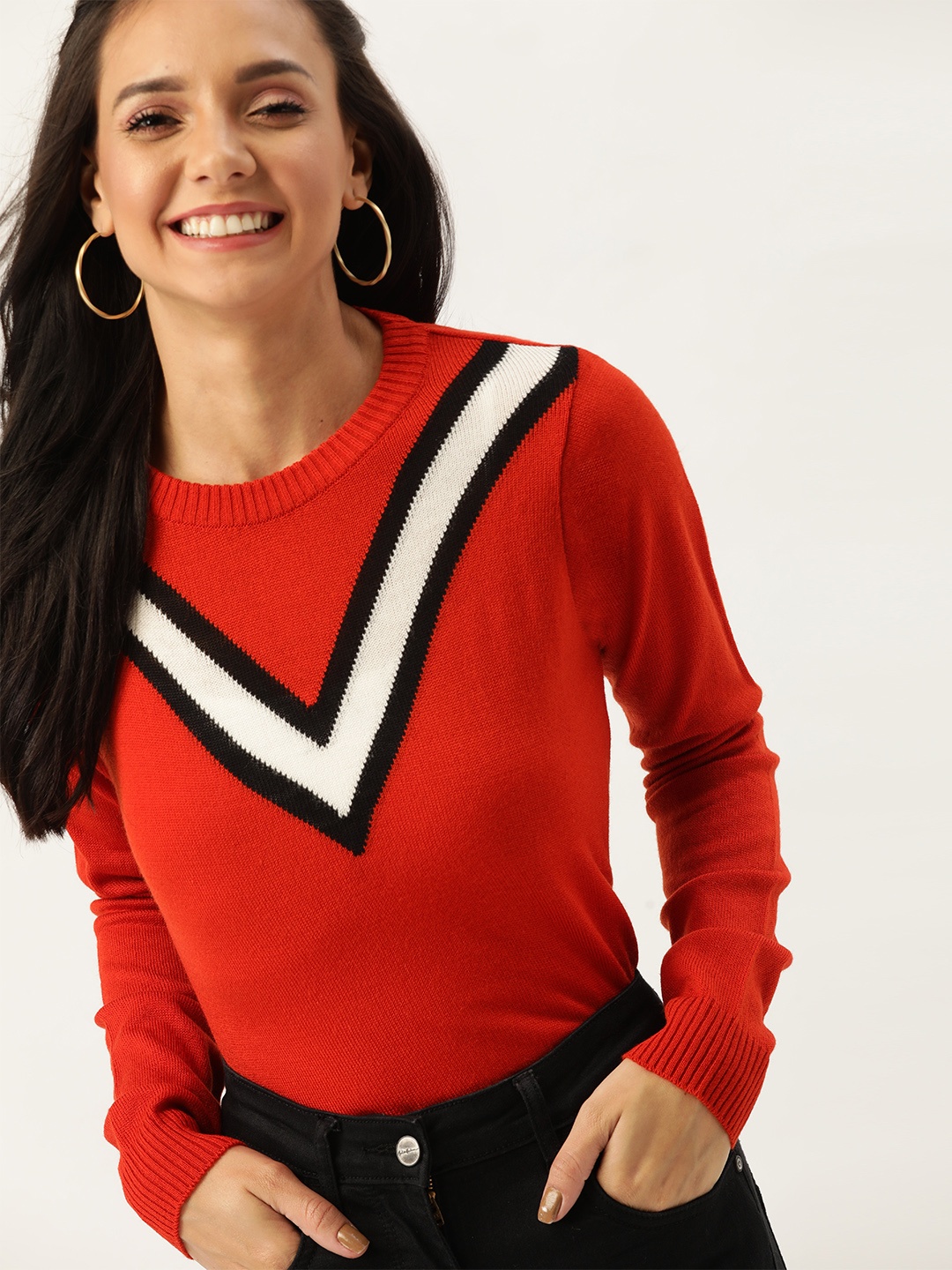 

DressBerry Women Rust Orange & White Striped Detail Pullover Sweater