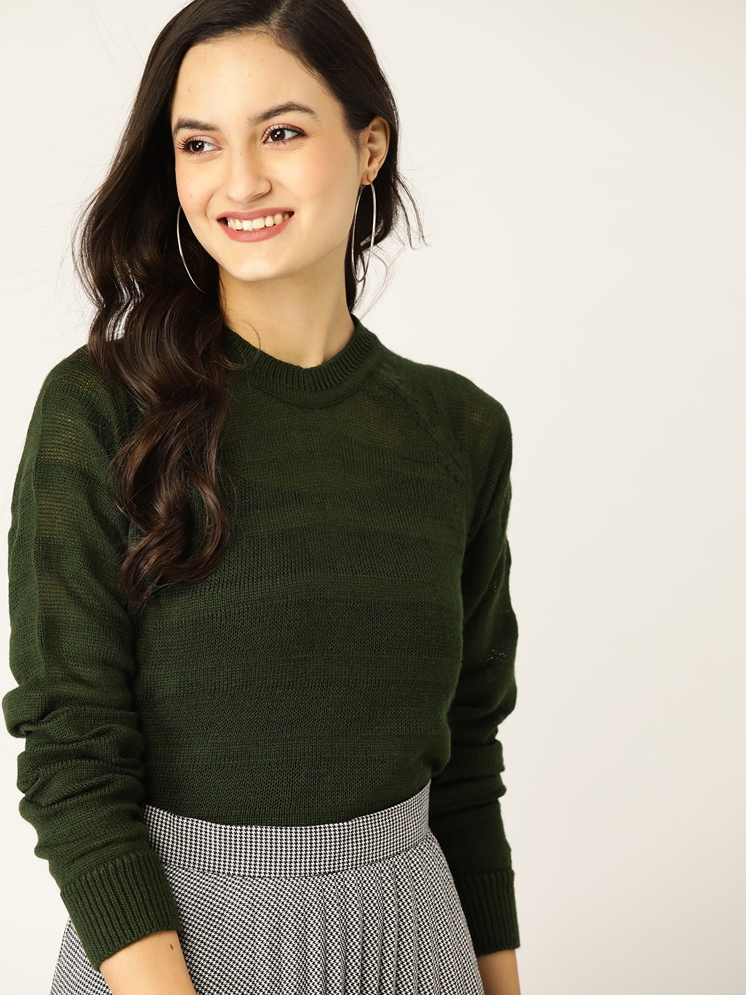 

DressBerry Women Olive Green Self Striped Pullover Sweater