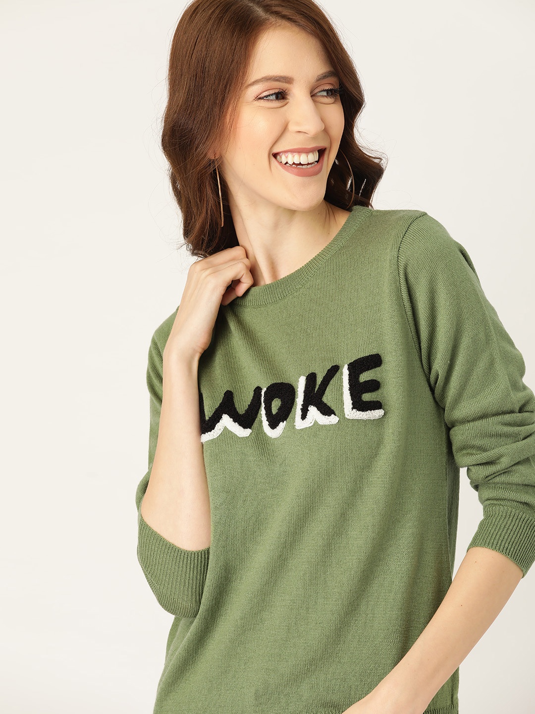 

DressBerry Women Olive Green Printed Pullover Sweater