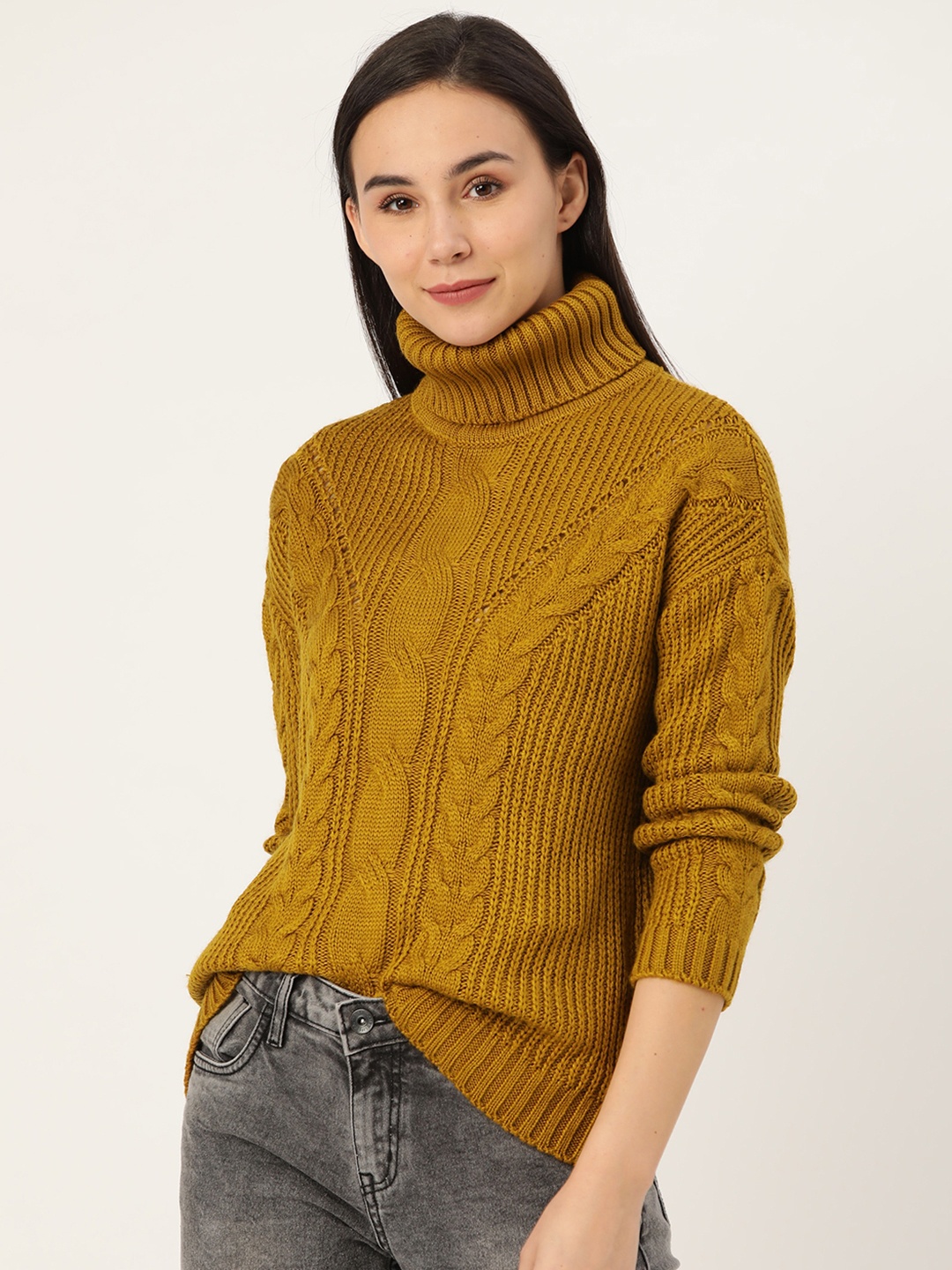 

DressBerry Women Mustard Brown Self-Design Pullover