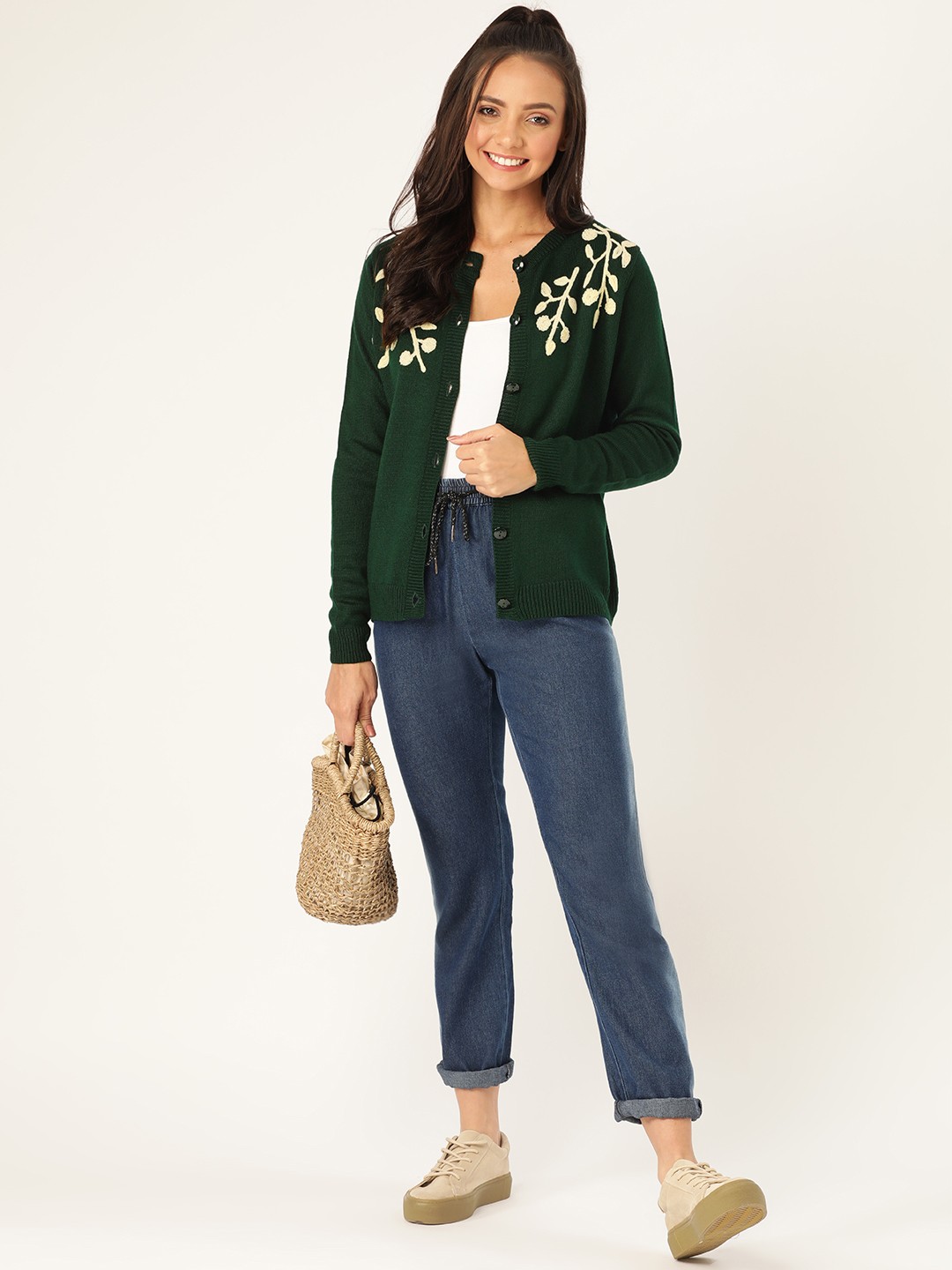 

DressBerry Women Green & Beige Solid Floral Embroidered Solid Cardigan