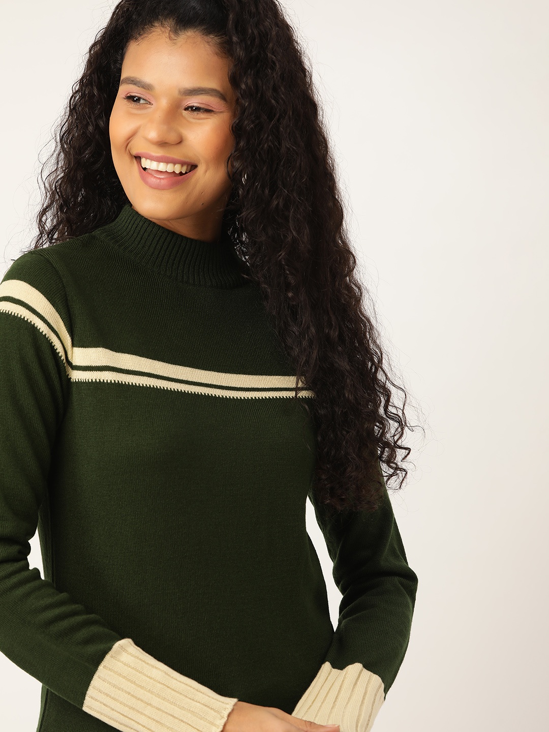 

DressBerry Women Olive Green & Beige Striped Detail Pullover