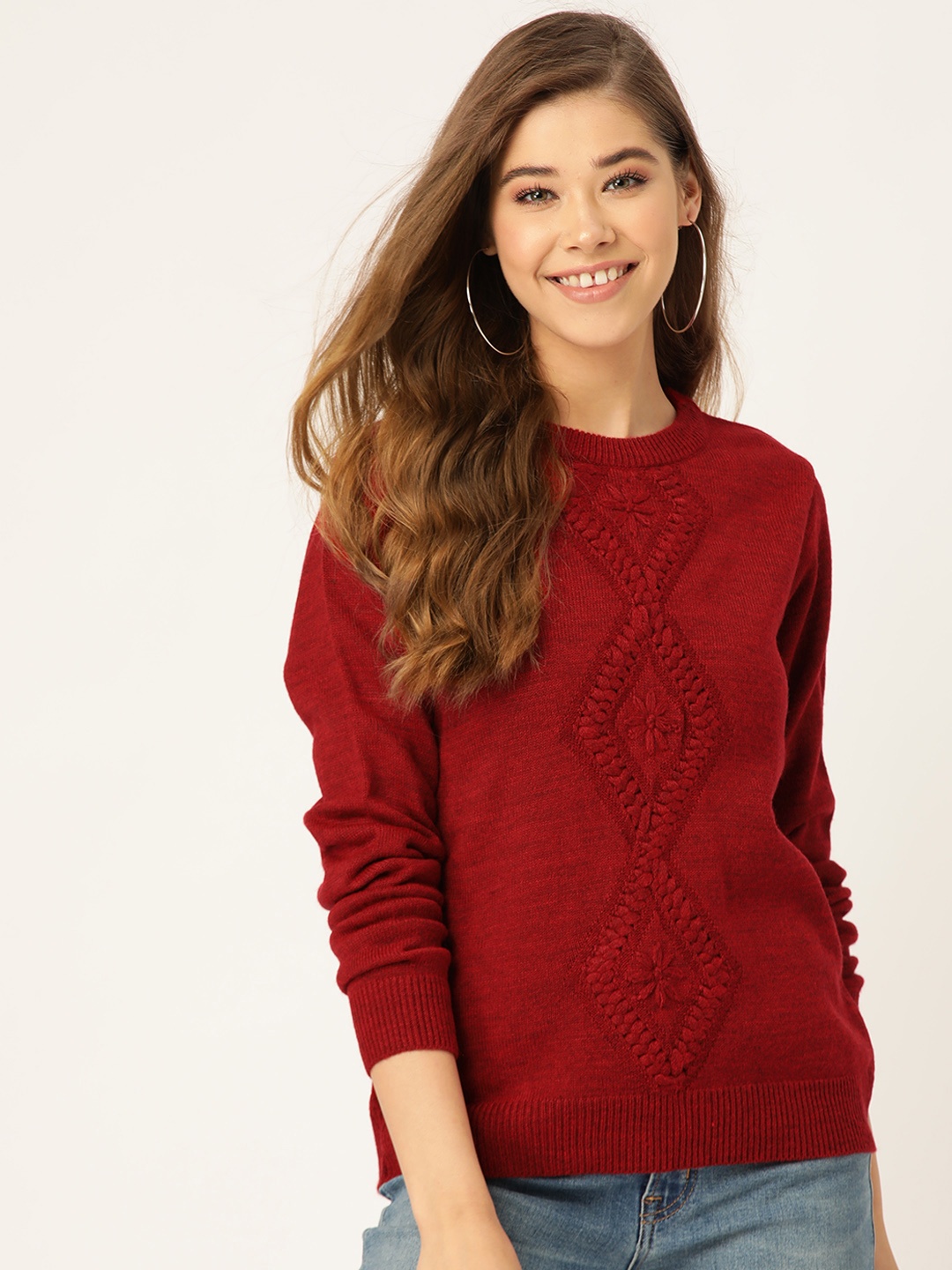 

DressBerry Women Maroon Cable Knit Pullover Sweater