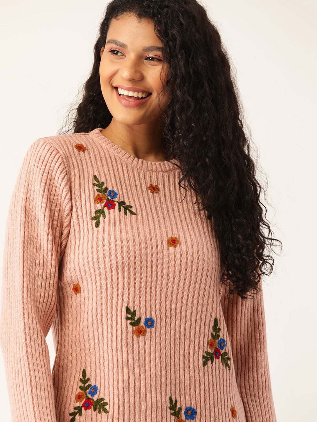 

DressBerry Women Peach-Coloured Ribbed Embroidered Sweater