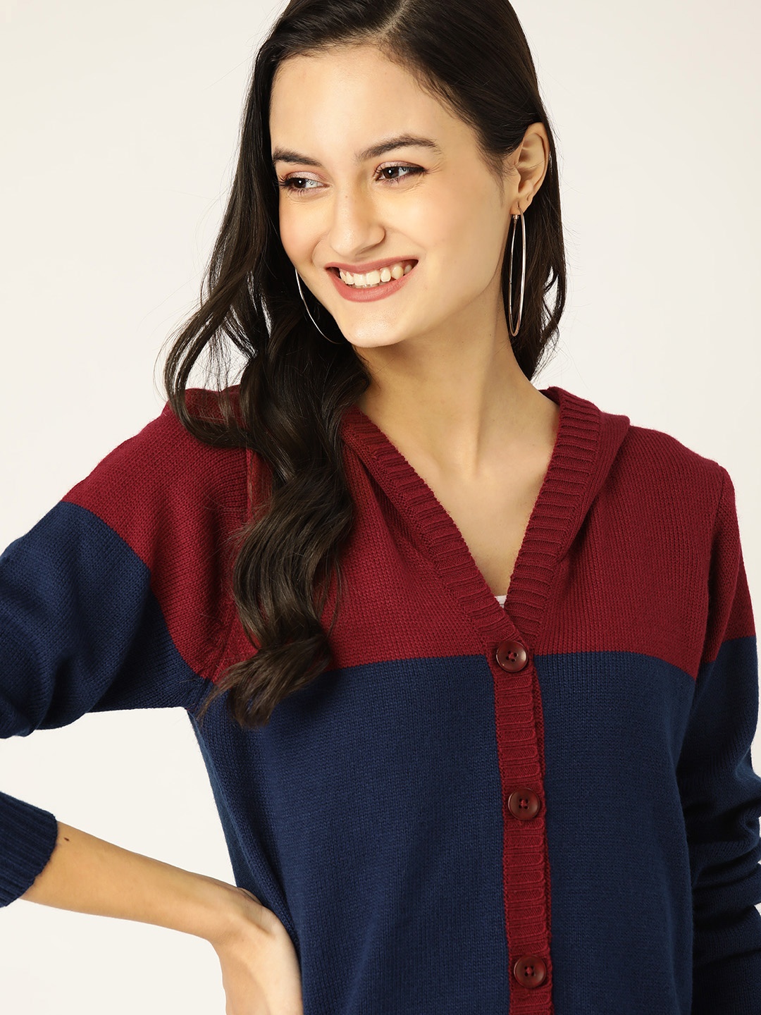 

DressBerry Women Navy Blue & Maroon Colourblocked Hooded Cardigan