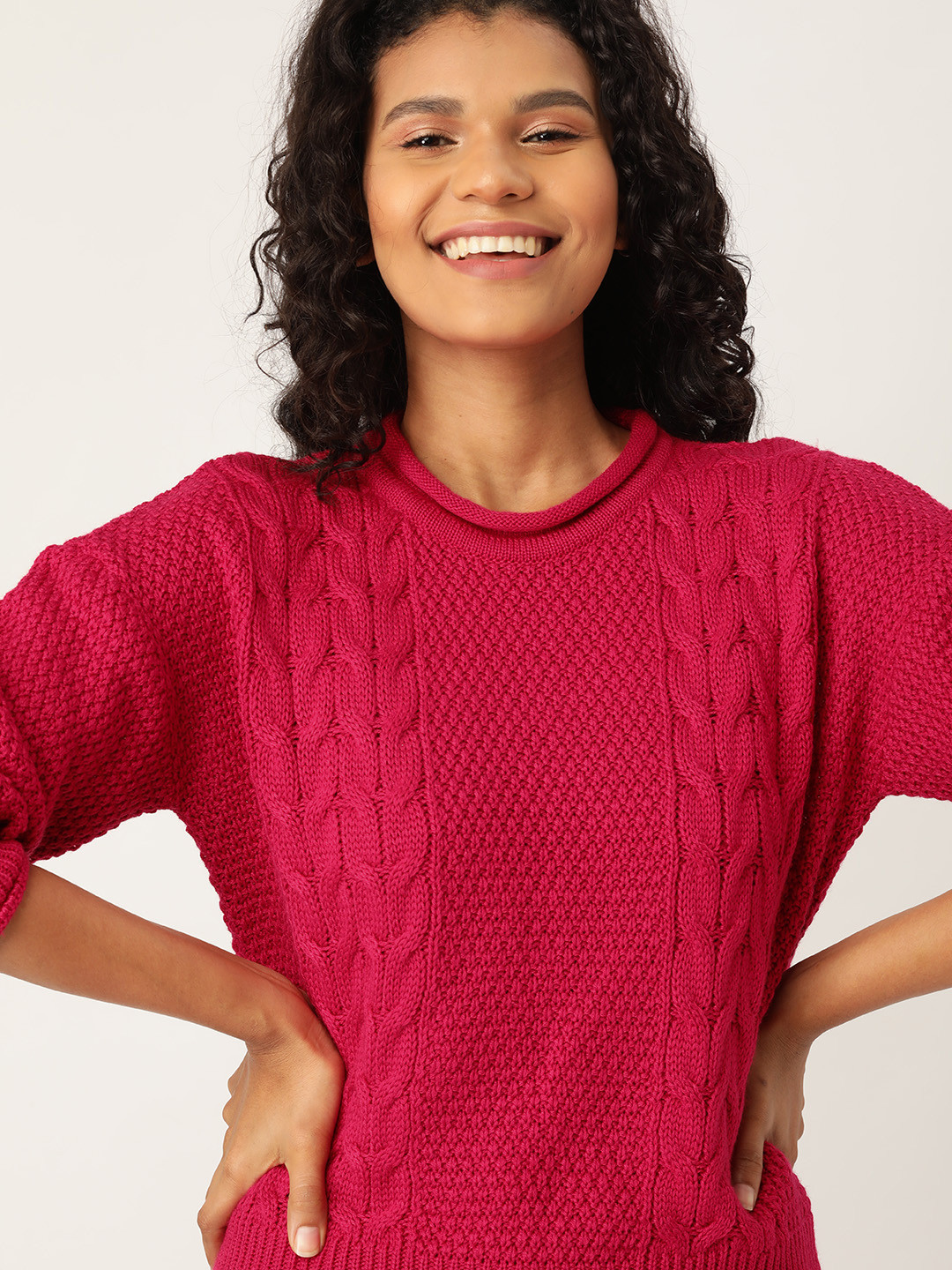 

DressBerry Women Pink Self Design Pullover Sweater