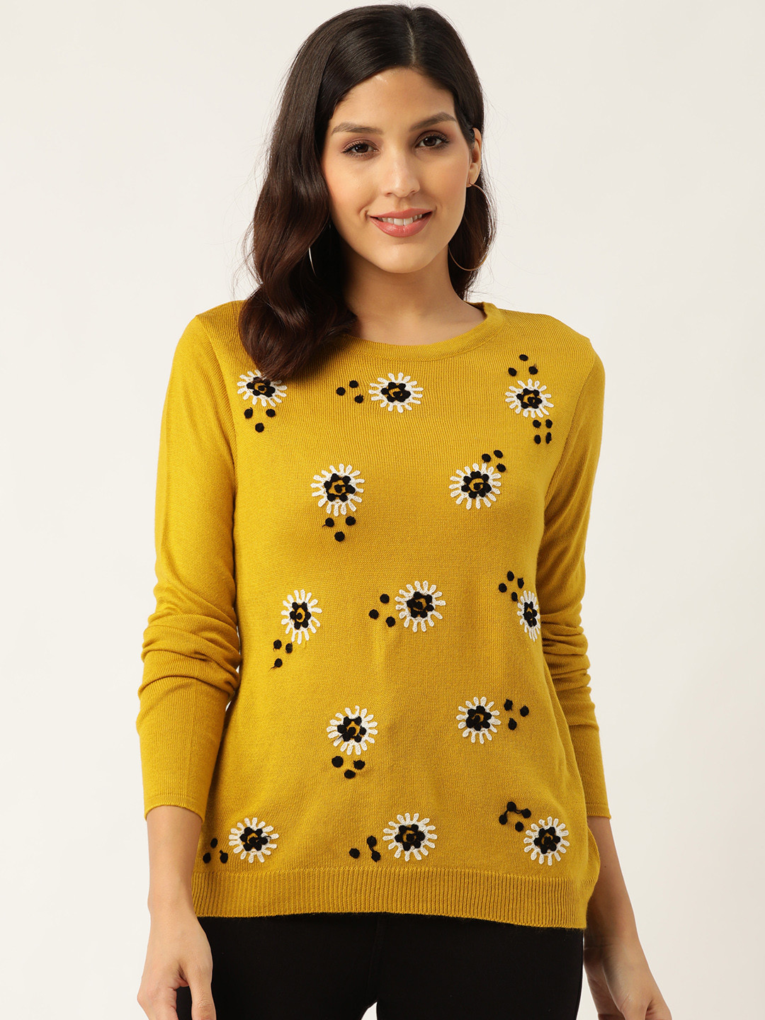 

DressBerry Women Mustard Yellow & Black Embroidered Pullover Sweater